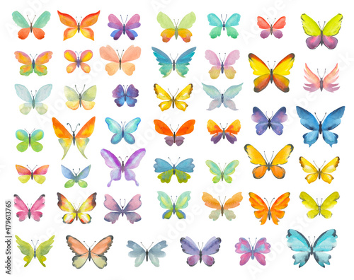 Big set of watercolor butterflies. Hand drawn colorful butterflies isolated on white background. Bright colors and various shapes of wings