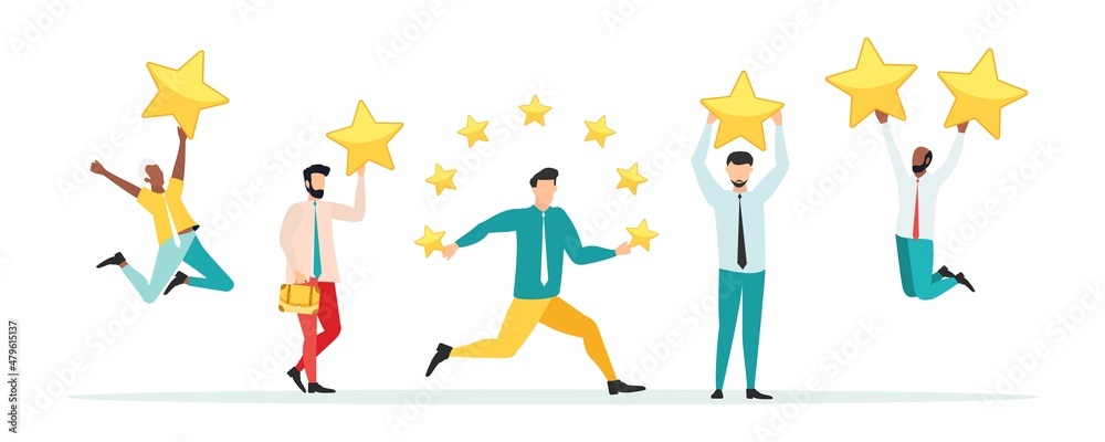 Customer feedback, testimonial, online survey concept. Group of people rating customer experience, writing review, leaving feedback. Client, user satisfaction. Isolated flat vector illustration