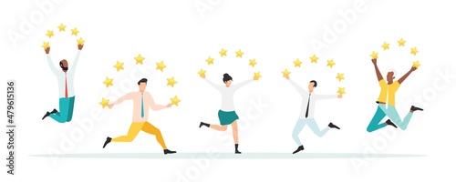 Customer feedback, testimonial, online survey concept. Group of people rating customer experience, writing review, leaving feedback. Client, user satisfaction. Isolated flat vector illustration