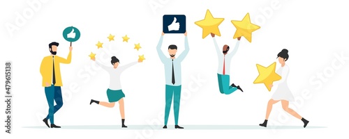Customer feedback, testimonial, online survey concept. Group of people rating customer experience, writing review, leaving feedback. Client, user satisfaction. Isolated flat vector illustration