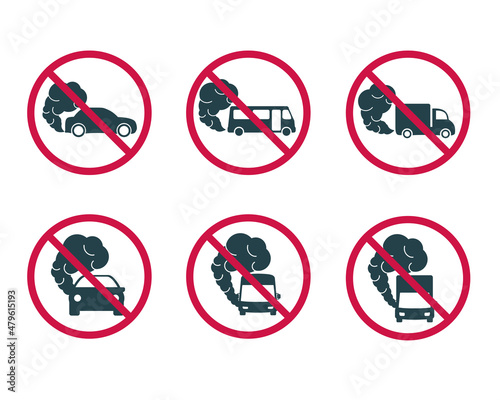 Signs prohibiting hazardous exhaust fumes. Car icon with exhaust gases. Exhaust gases from buses. Environmental pollution. Smog. Parking prohibition sign when the engine is running