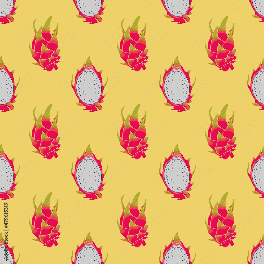 
Dragon fruit seamless pattern, summer tropical fruit texture. Vector illustration.
