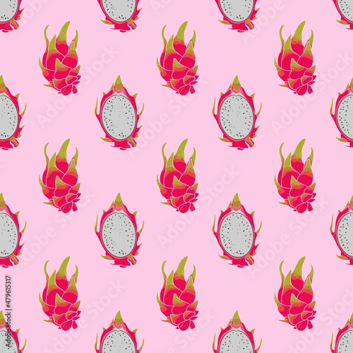 Dragon fruit seamless vector pattern, pitahaya