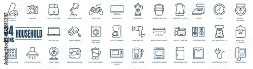 Household appliances vector icon set such as toaster, blender, hairdryer, electric range, video and photo camera. Editable line icon collection photo