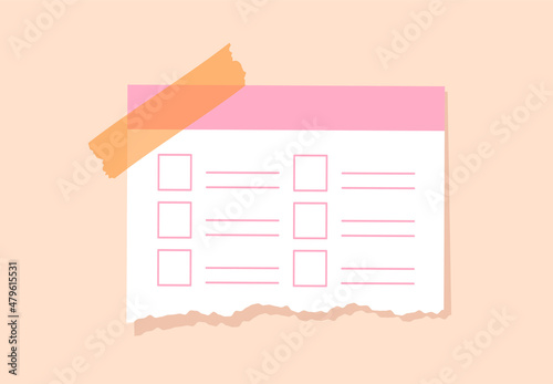 Stationery for study or work concept. Colorful poster with torn piece of paper glued to tape. Empty task list for workday planning and time management. Cartoon contemporary flat vector illustration