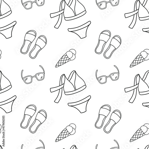 Vector seamless beach pattern with outline illustrations: flip flops, bikini, sunglasses, ice cream. Summer sea vacation. Illustration for wallpaper, wrapping paper, fabric, textile, background.