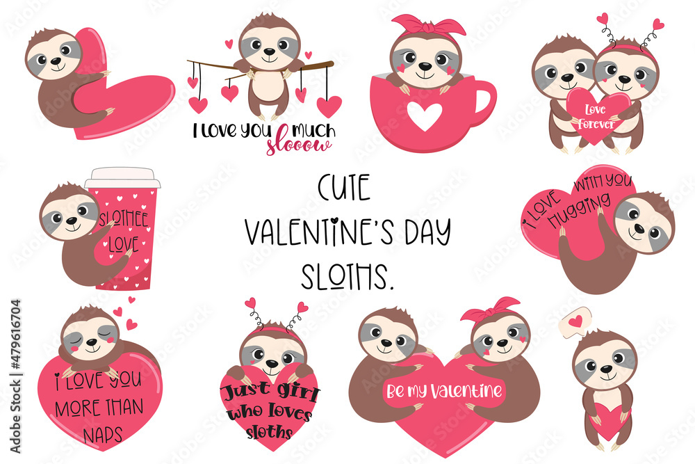 Fototapeta premium Cute Valentine's day sloths collection, vector illustration.