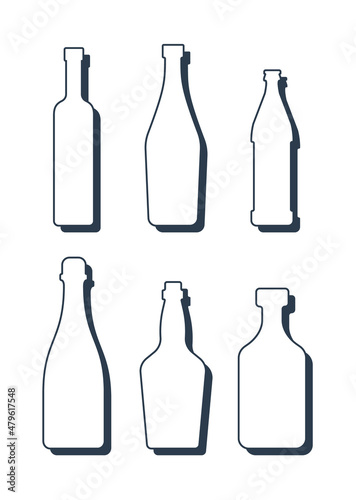 Set drinks. Alcoholic bottle. Vodka vermouth beer champagne whiskey rum. Simple shape isolated with shadow and light. Colored illustration on white background. Flat design style