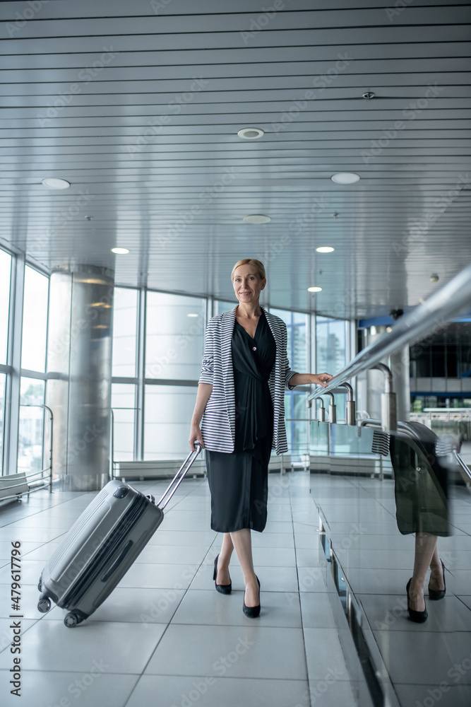 Pleased business lady with the luggage standing at the airport Pleased business lady with the luggage standing at the airport