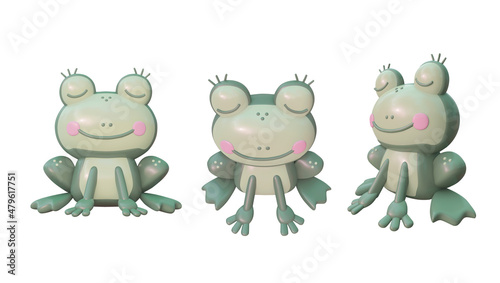 Set of green frogs in different angles, cartoon character. 3D illustration.