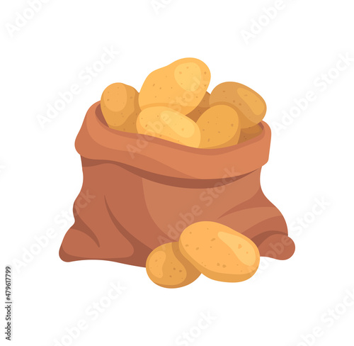 Bag of potatoes concept. Package with delicious vegetables. Healthy food or diet. Agriculture or harvesting. Design element for sticker. Cartoon flat vector illustration isolated on white background
