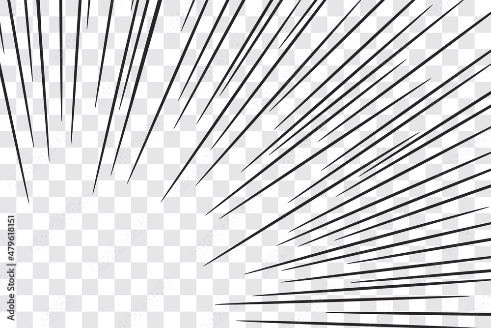 Obraz premium Manga action frame speed simple lines Motion radial lines isolated on transparent background Abstract explosive template banner Black and white monochrome vector retro illustration Comic book element