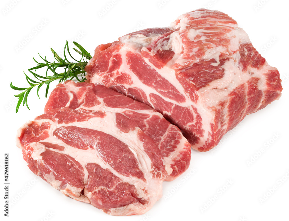 raw pork meat with rosemar isolated on white background. Clipping path and full depth of field