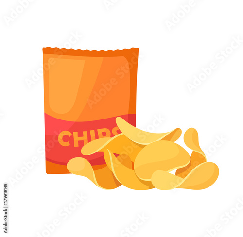 Potato chips concept. Large package with fried crispy vegetable slices for snacks. Fast or harmful food. Design element for advertising. Cartoon flat vector illustration isolated on white background photo