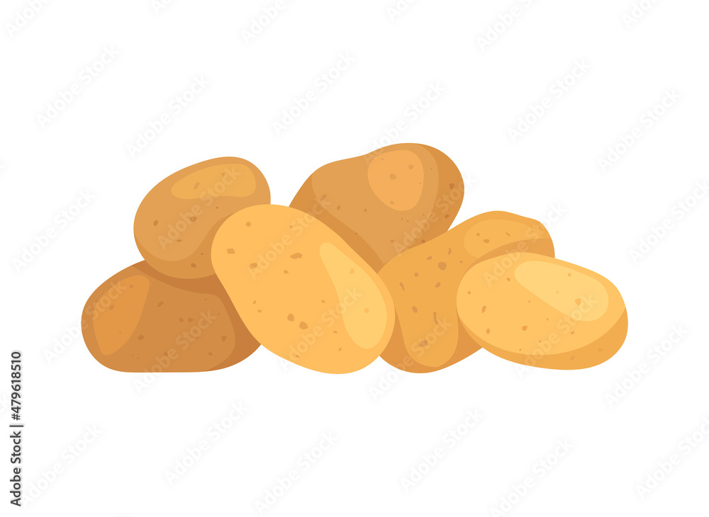 Bunch of potatoes concept. Sticker with tubers of ripe fresh vegetables. Healthy and delicious food. Design element for advertising. Cartoon flat vector illustration isolated on white background Bunch of potatoes concept. Sticker with tubers of ripe fresh vegetables. Healthy and delicious food. Design element for advertising. Cartoon flat vector illustration isolated on white background