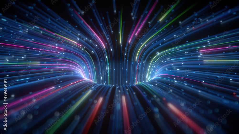 3d render, abstract futuristic neon background with gravity well, cosmic wormhole, scientific wallpaper - obrazy, fototapety, plakaty 
