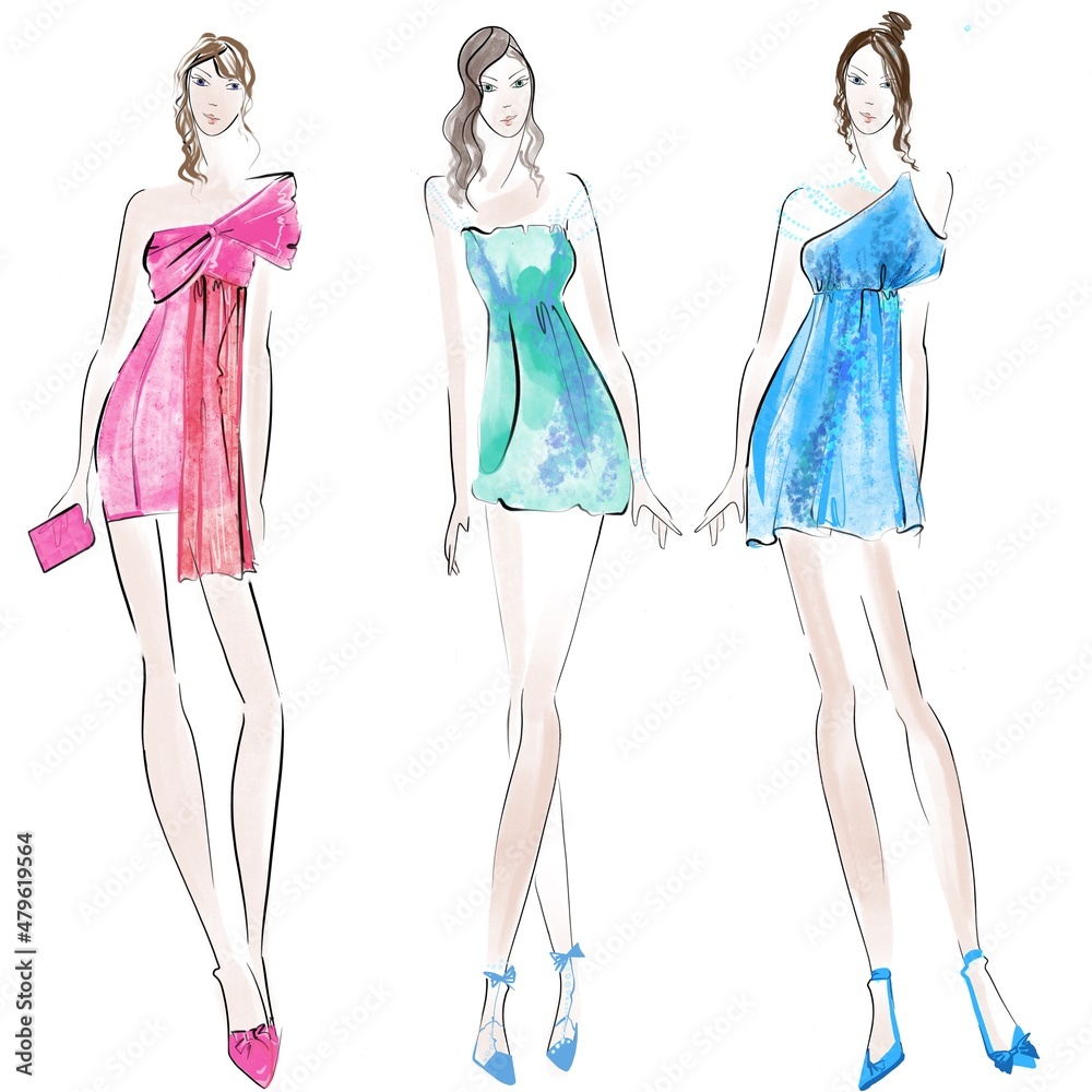 Fashion Illustration Woman in evening dress pink green blue Fashion Illustration Woman in evening dress pink green blue