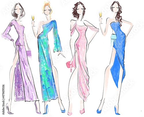 Fashion Illustration Woman in long evening dresses
