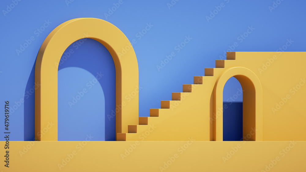 3d render, abstract simple blue yellow background with geometric architectural elements. Minimal showcase scene with stairs and round arch for product presentation - obrazy, fototapety, plakaty 