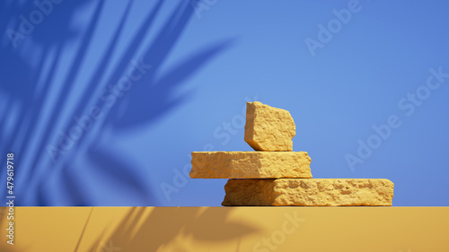 Canvas Print 3d render, abstract simple blue yellow background with tropical leaves shadow and bright sunlight