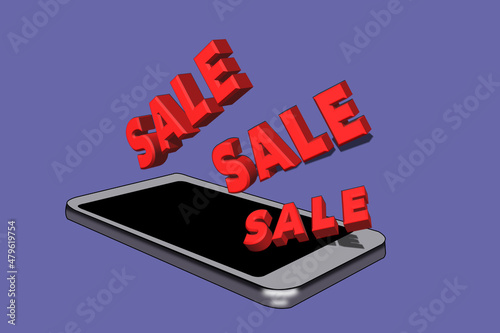 remote e-commerce. 3D illustration, silver smartphone and text sale. blue background in the trend of 2022.