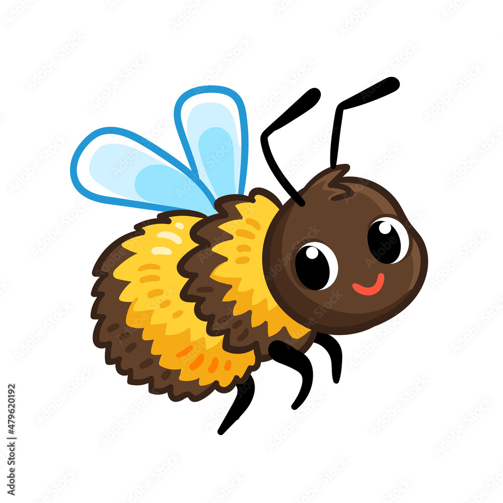 Obraz premium Cute striped bumblebee is flying on a white background. Vector illustration