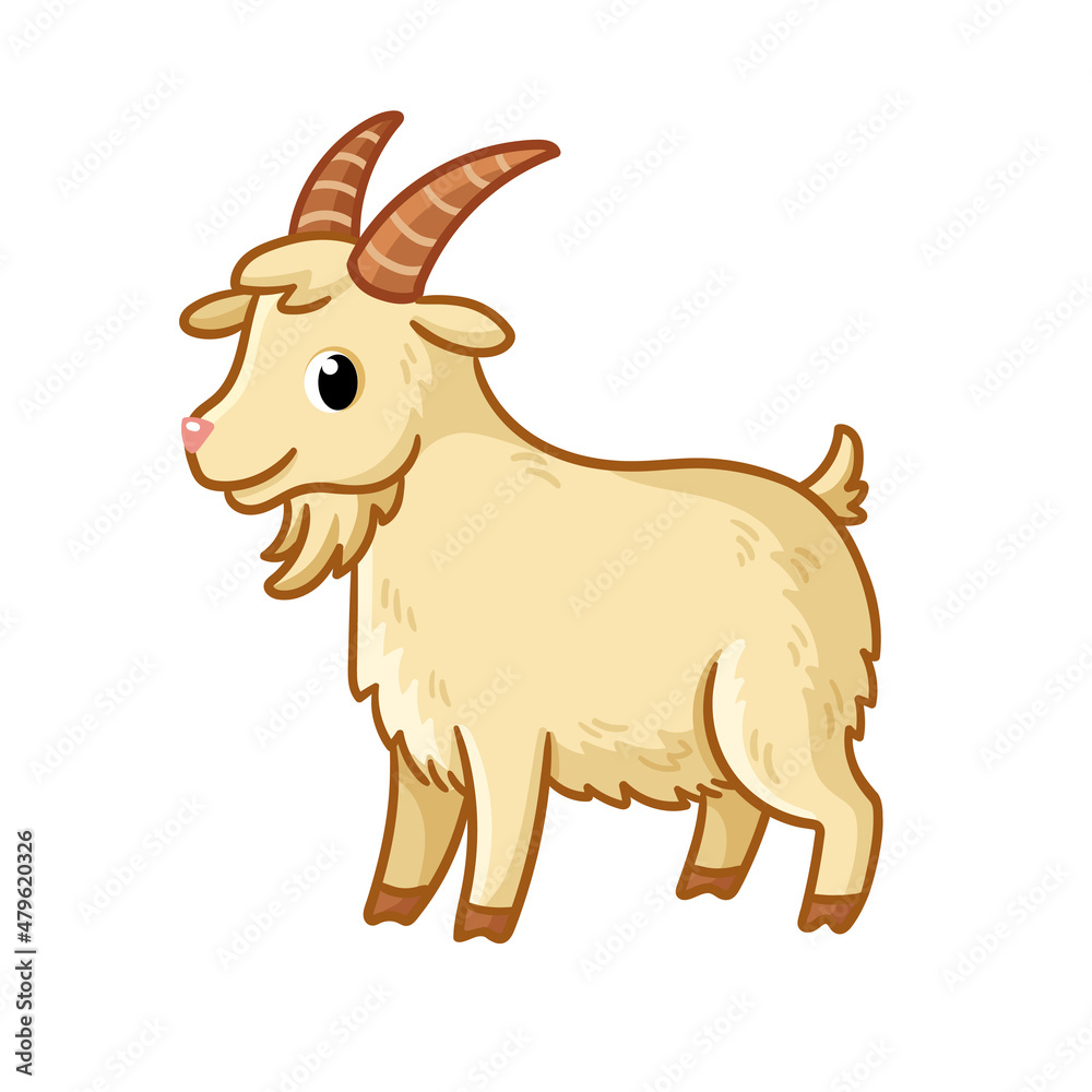Cute cartoon male goat stands on a white background. Vector illustration  with a pet. Stock Vector | Adobe Stock
