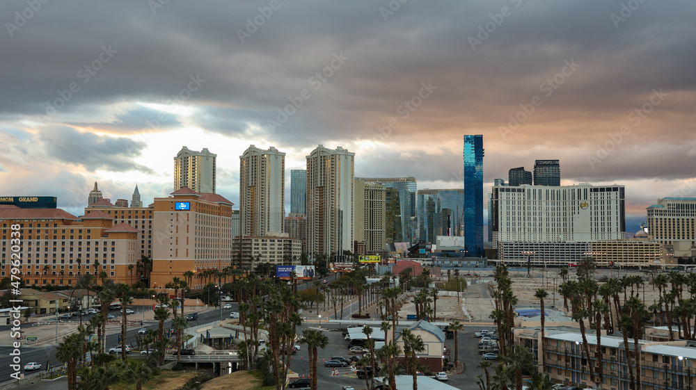 Panorama of the Las Vegas skyline at dusk under dramatic clouds