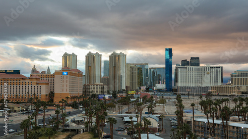 Panorama of the Las Vegas skyline at dusk under dramatic clouds
