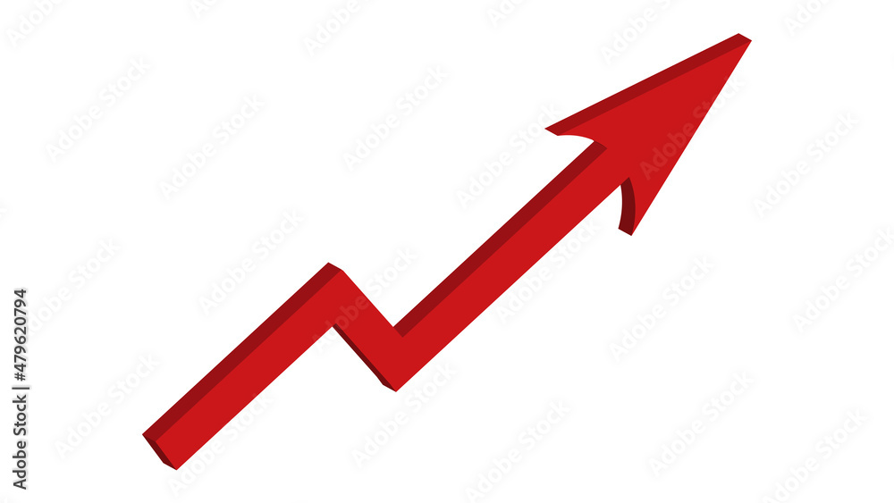 Red growing up arrow sign isolated on white background. Bar charts and graphs. Rising prices. Inflation concept. Finance and Economy. Market volatility. Financial planning and markets. 3d effect. Red growing up arrow sign isolated on white background. Bar charts and graphs. Rising prices. Inflation concept. Finance and Economy. Market volatility. Financial planning and markets. 3d effect.