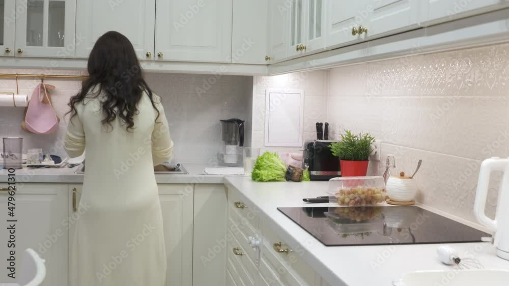 Woman cooking dinner in the kitchen. High quality 4k footage Woman cooking dinner in the kitchen. High quality 4k footage