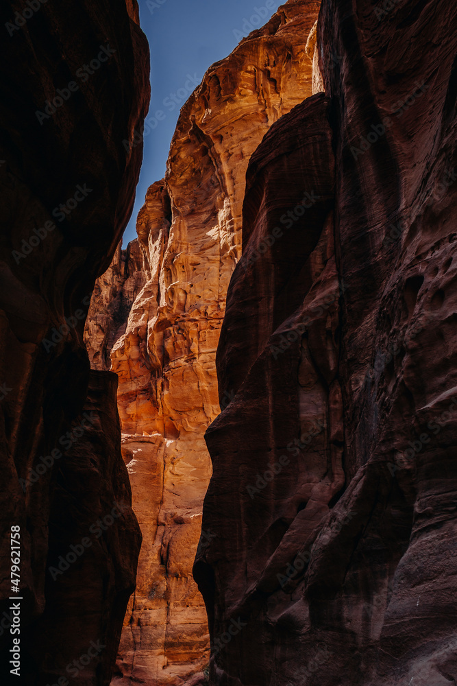 Red rocks. Canyon of the ancient city of Petra. Jordan.