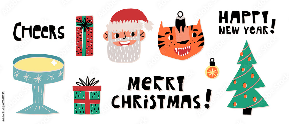 Naklejka premium Holidays retro set. Christmas tree, gifts, Santa Claus, the tiger. Happy New Year, Merry Christmas lettering greetings.