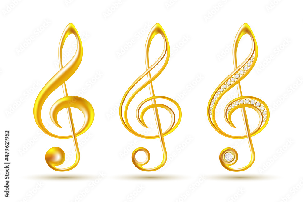 Realistic golden metallic note symbols. Set of treble clef Realistic golden metallic note symbols. Set of treble clef