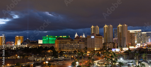 Panorama of the Las Vegas skyline at dusk under dramatic clouds