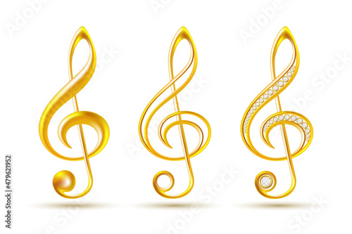 Realistic golden metallic note symbols. Set of treble clef photo