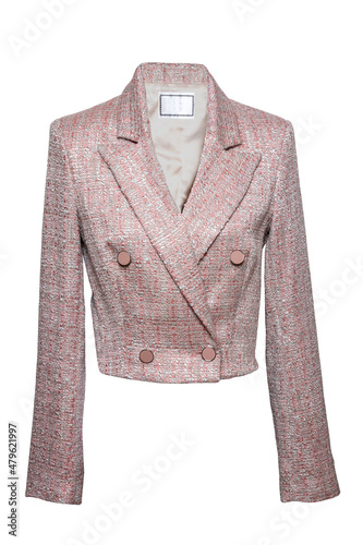 Pink female jacket. Close-up of a modern elegant stylish tweed blazer isolated on white background. Made from virgin wool, the tweed fabric originates from Scotland. photo