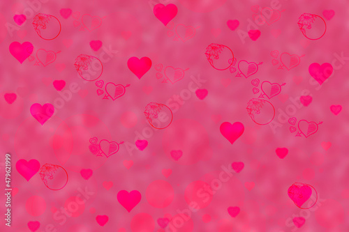 Abstract festive blur red pink magenta background with light pink hearts love bokeh for wedding card or Valentine day. Romantic textured backdrop with space for your design. Card concept.