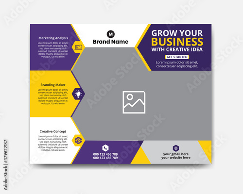 Horizontal Corporate Flyer templates Design 2 with Blue color and Red Color in Circle, Triangle, Rectangle layout, horizontal booklet cover, flyer, website slider, social media post.