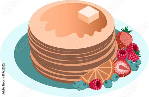 Vector isometric pancakes with assorted berries, blueberries, strawberries, raspberries, honey and butter