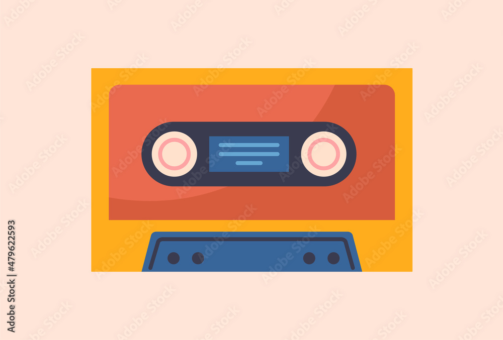 Retro entertainment concept. Poster with old orange cassette for playing music in tape recorder or player. Vintage entertainment device. Design element for printing. Cartoon flat vector illustration