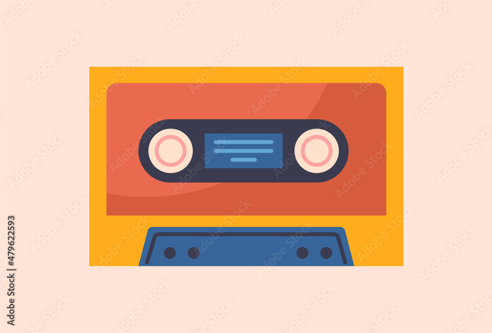 Retro entertainment concept. Poster with old orange cassette for playing music in tape recorder or player. Vintage entertainment device. Design element for printing. Cartoon flat vector illustration Retro entertainment concept. Poster with old orange cassette for playing music in tape recorder or player. Vintage entertainment device. Design element for printing. Cartoon flat vector illustration