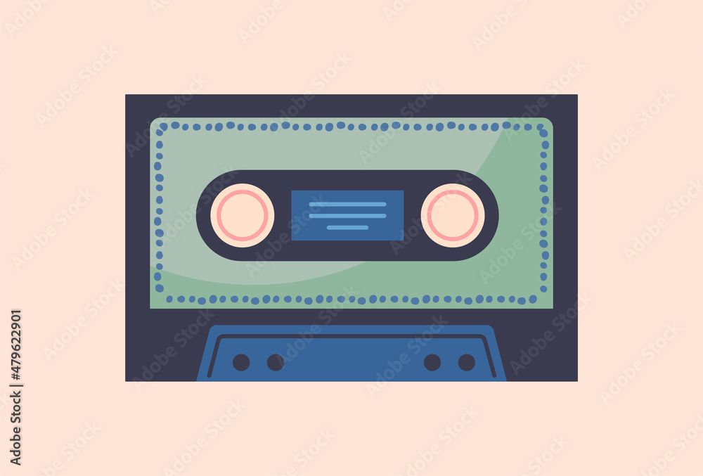 Retro entertainment concept. Poster with vintage blue cassette with recorded music and songs. Old device for tape recorders. Design element for social networks. Cartoon flat vector illustration