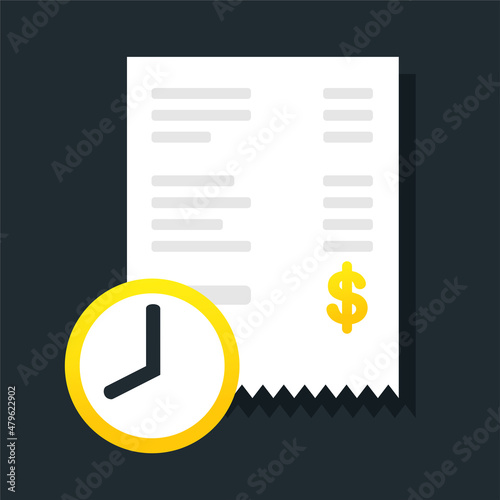 Invoice with clock timer. Pay bill waiting. Vector illustration