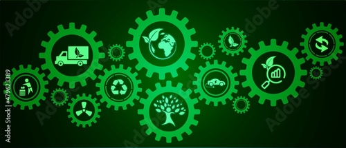 Eco green background. Eco-friendly icons. Banner design with gears with ecology buttons. Mechanisms of movement. Texture for websites, social networks. Vector illustration.