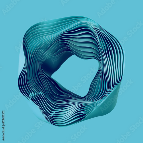 Tableau sur toile 3d render, abstract layered curvy object with hole, isolated on blue background,