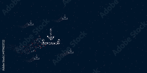 A download symbol filled with dots flies through the stars leaving a trail behind. Four small symbols around. Empty space for text on the right. Vector illustration on dark blue background with stars