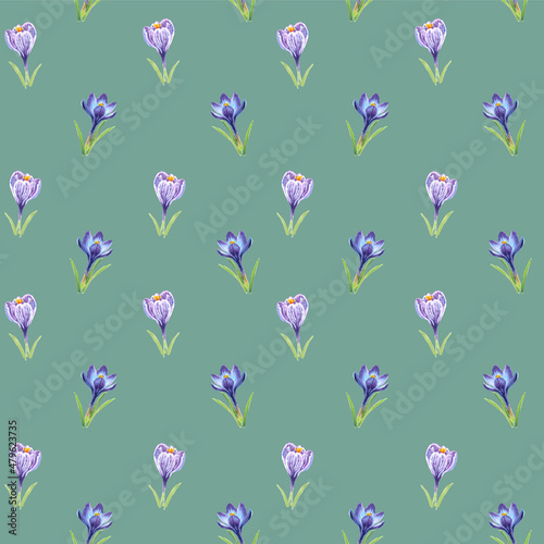 Floral seamless pattern of crocuses drawn by markers on a granite green background. For fabric, sketchbook, wallpaper, wrapping paper. © Nataliia
