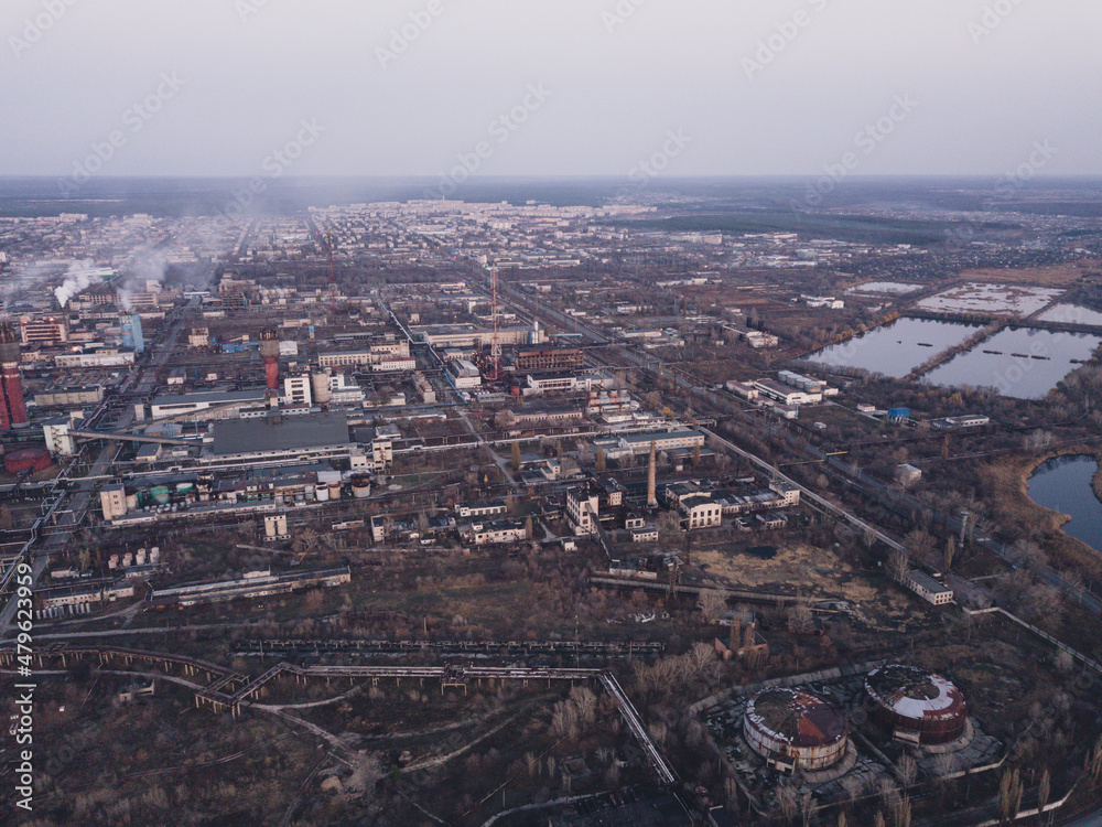 Aerial view on chemical plant. Industrial zone of factory