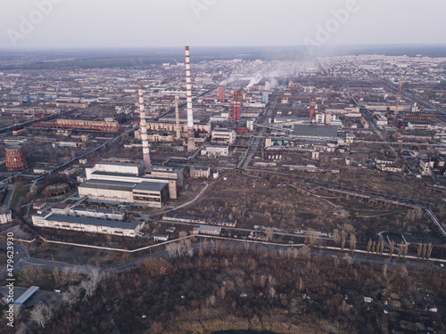 Aerial view on chemical plant. Industrial zone of factory